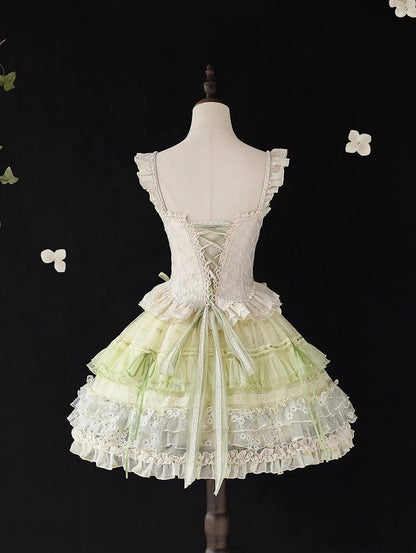 Short Green Bowknot Embroidery Classic Lolita Layered Ruffle Skirt - Amor Design