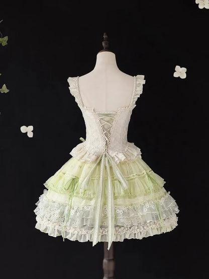 Klassischer zarter Rock mit mehrlagiger Schleife und Rüschen, grün, Lolita-Stickerei, klein