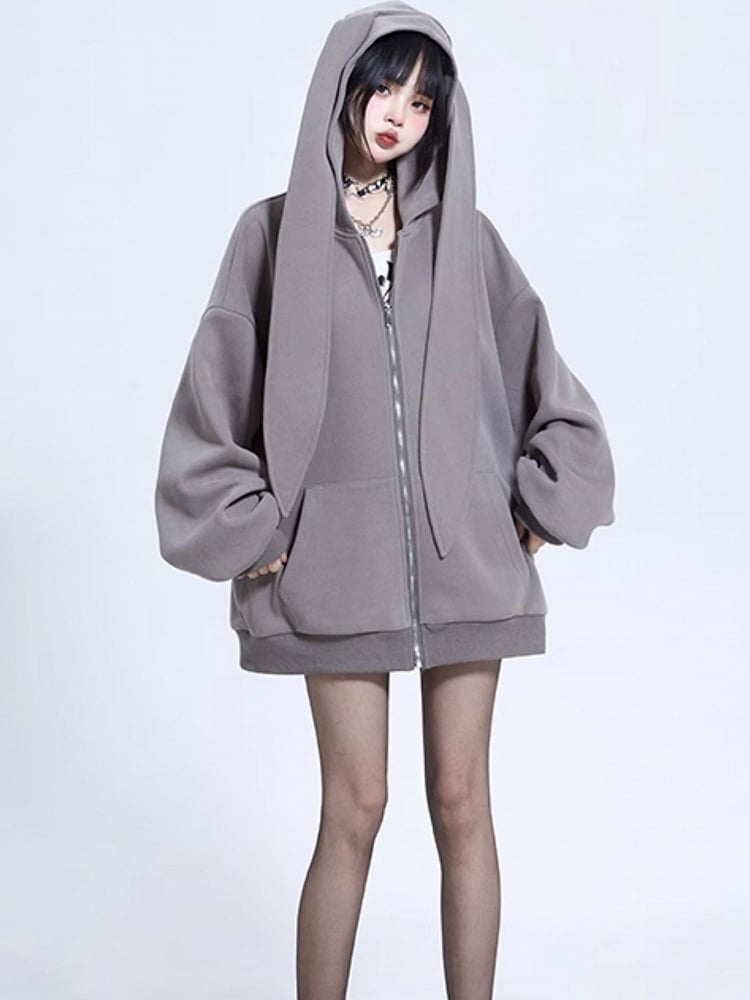 Gray Oversized Bunny Ear Zip Hoodie - 11shop97