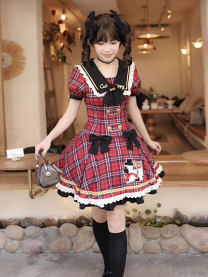 Trim Lace Black Red Sweet Plaid Lolita Dress with Patch Puppy and