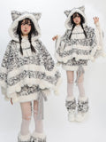 Cape Plush Print Pom-pom Bittersweet Accents Leopard Gray -