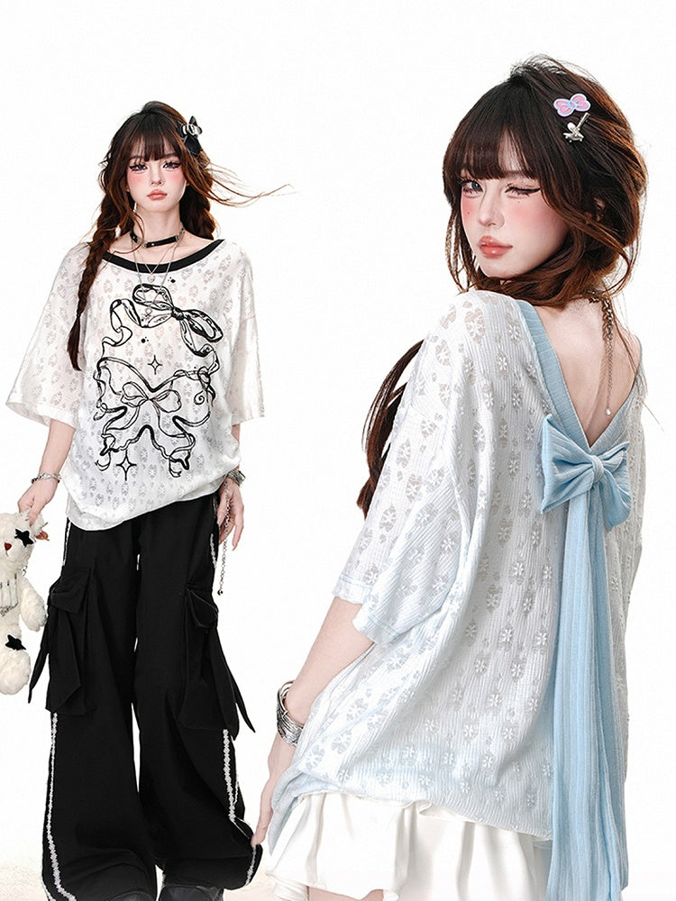 Blue/White Semi-sheer Bowknot Print Backless T-Shirt with Bow