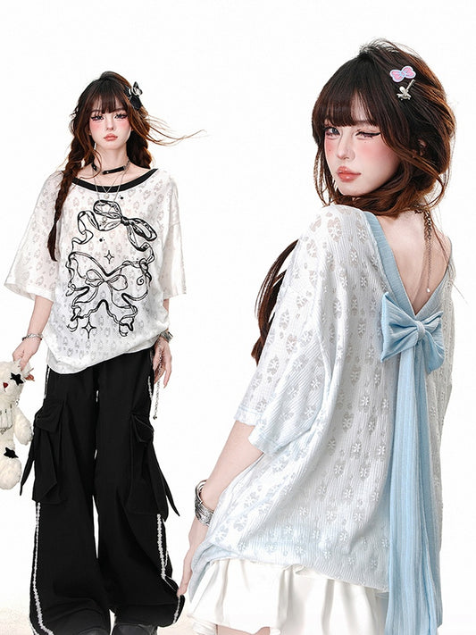 Blue/White Semi-sheer Bowknot Print Backless T-Shirt with Bow