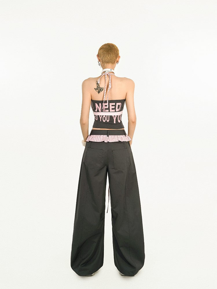 Halter Bra Crop Tube Top  Striped Padded Lettered Trendy Two-Piece Set: Black  Pink