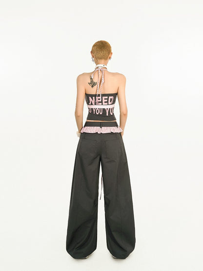 Halter Bra Crop Tube Top  Striped Padded Lettered Trendy Two-Piece Set: Black  Pink