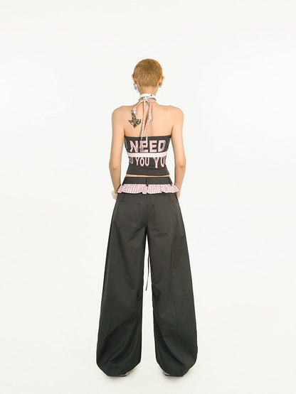 Two-piece Trim Wide-Leg Pants with Pink-Black Striped Black Faux Ruffle