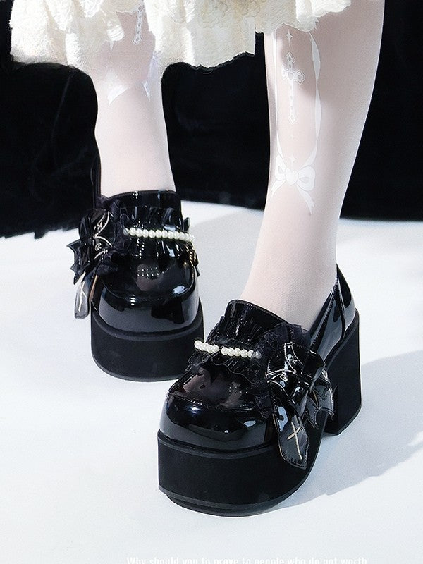 Rabbit Details Trim Block with - Design High Ruffle Bead Platform Lolita Black Heels Cross-Embroidered