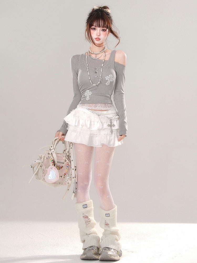 Grey Asymmetrical Neckline Top with Lace Cross Appliques Tank Top Set