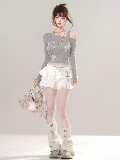 Grey Asymmetrical Neckline Top with Lace Cross Appliques Tank Top Set