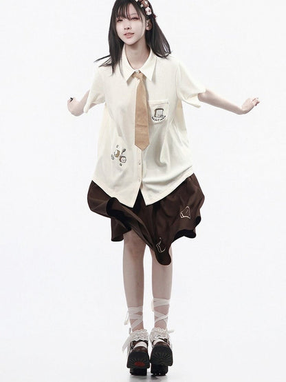 Creamy White Waffle Knit Short Sleeve Shirt with Toast Embroidery - PINK SAVIOR