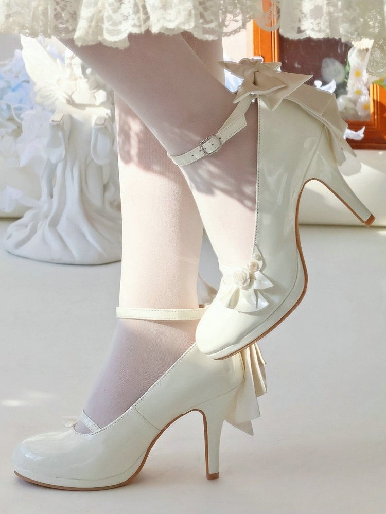 with White - Lolita Embellishments Elegant Mary Janes Design High-heel Rose Ruffle