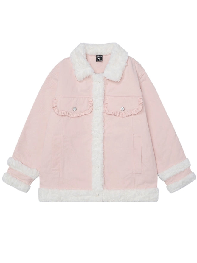 Dicke Jacke mit Polokragen und Plüschbesatz in Rosa/Kamel