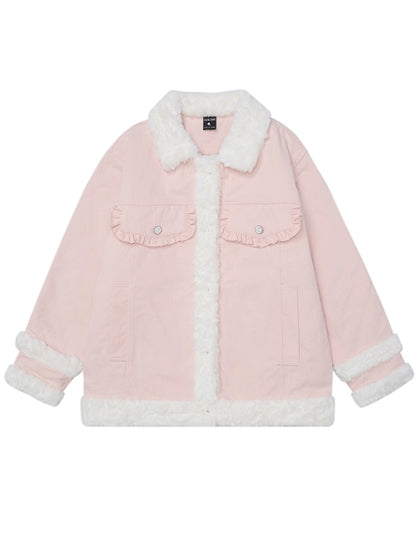 Dicke Jacke mit Polokragen und Plüschbesatz in Rosa/Kamel