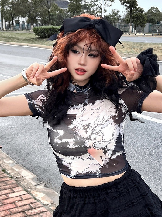 プリント漫画トップギャルスリーブブラックショートファッション