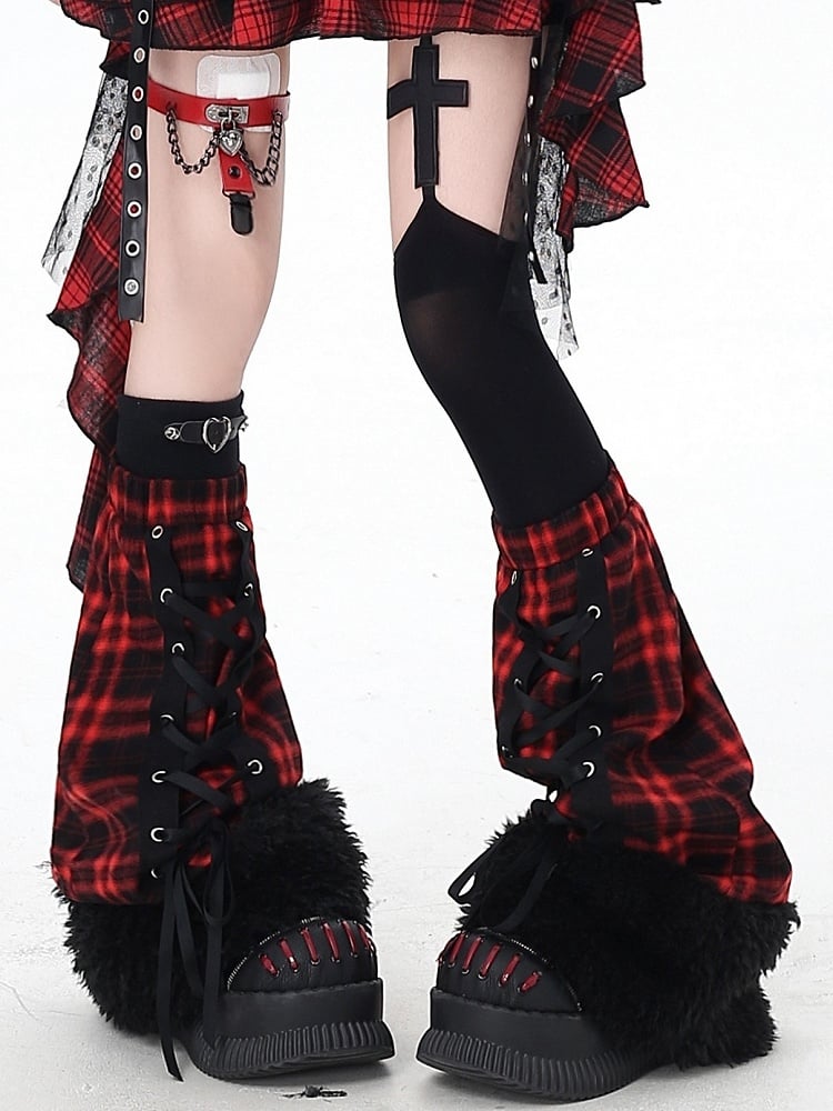 Red Lace-up Plaid with Design Gothic Bottom Leg Warmers Black Fuzzy Cuff