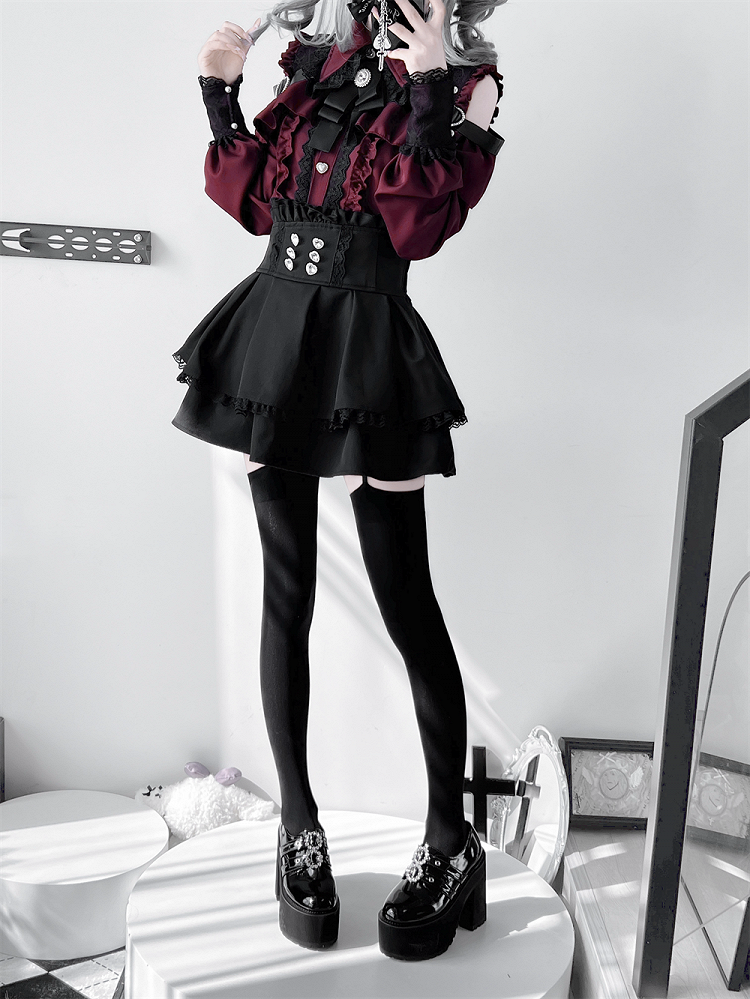 Jirai Button Blouse: Red Sweetheart Closure Wine Kei