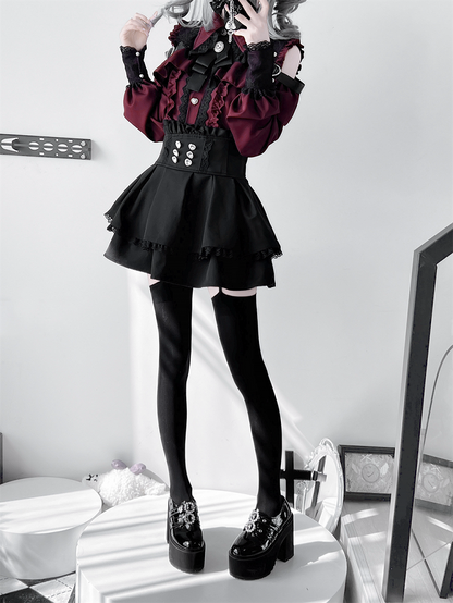 Jirai Button Blouse: Red Sweetheart Closure Wine Kei