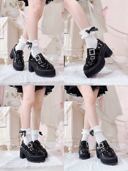 - Platform Rhinestone Kei Jirai Loafers Heel Black Strap Block Buckles High Polished Crisscross Detail