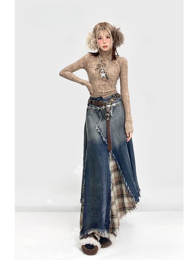 Denim&Plaid Patchwork Asymmetrical Hem Skirt