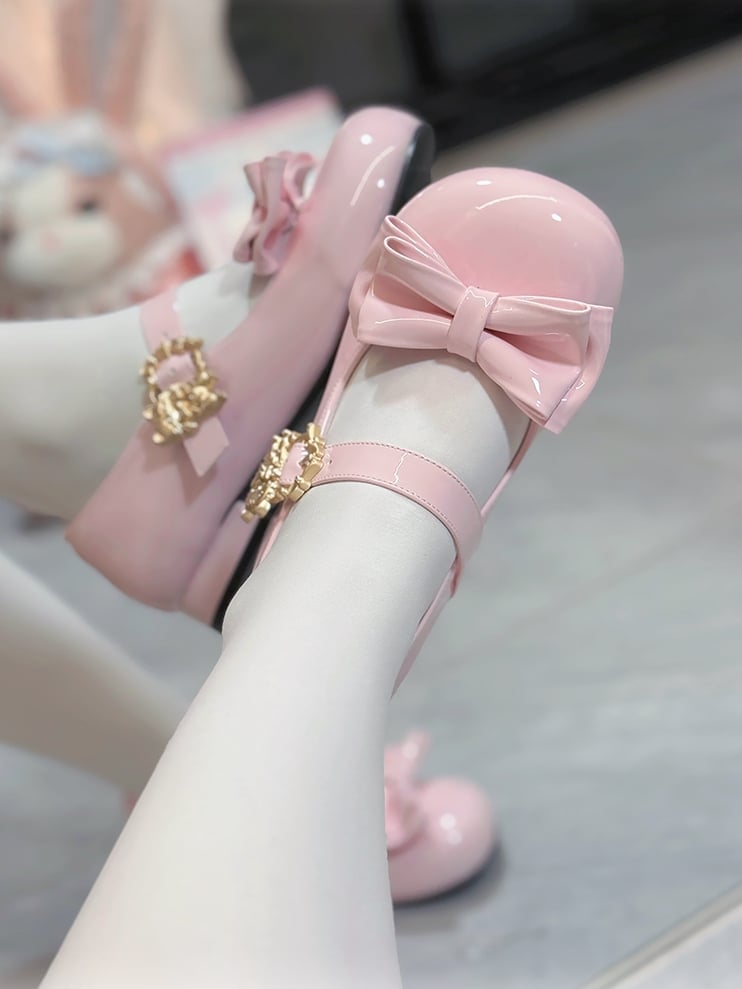 Low-heel Bow Round Lolita Toe Buckle Detail Adorable Shoes with Decor Mary Pink Cat Janes -