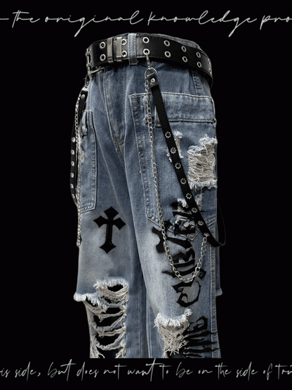 Jeans Wash Glamorous Flared Faded Blue Distressed Holes Cross Appliques
