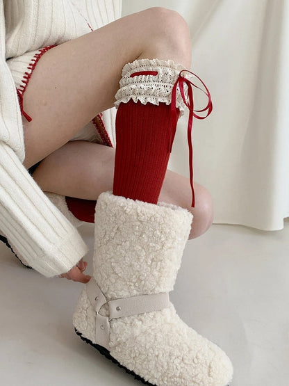 Lace Knit Stockings Ribbed Ruffle with Red