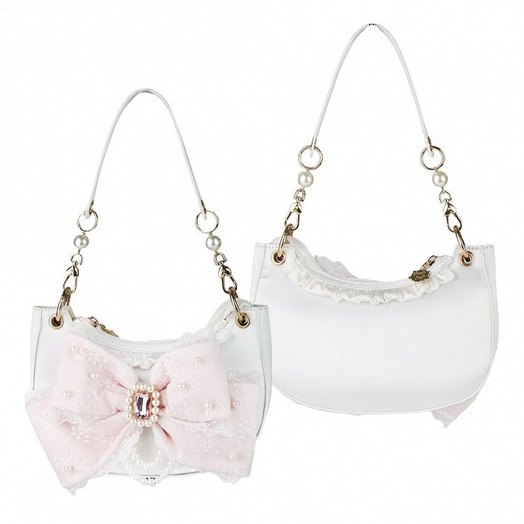 Bag Lolita in White Shoulder Sweet Rhinestone Satin Beads Embellished - Bow Lace