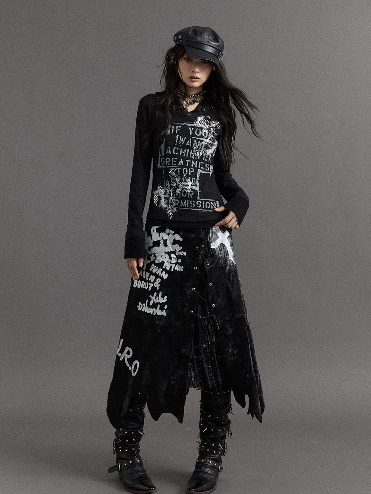 Schwarzes Fake-Zweiteiler-Top mit V-Ausschnitt und Buchstaben-Print