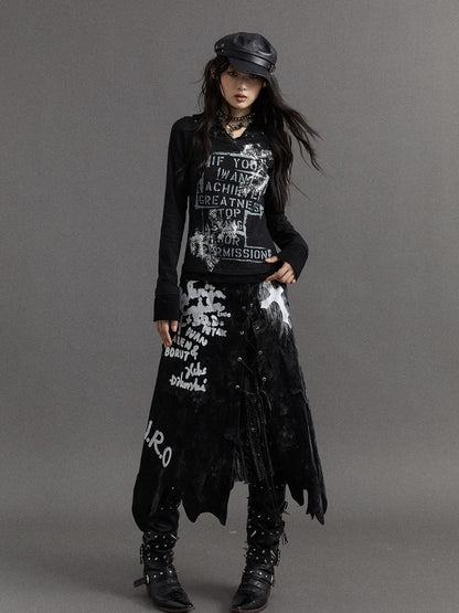 Schwarzes Fake-Zweiteiler-Top mit V-Ausschnitt und Buchstaben-Print