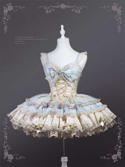 JSK Details Tiered Sweetheart Neckline Lolita Dress Skirt Bowknot Blue Sweet Beige