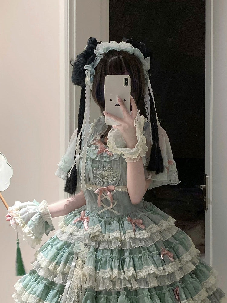 with Applique and Hairband Pink/Green/Blue Sweet Goldfish Lolita Embroidery Ribbon Ruffled