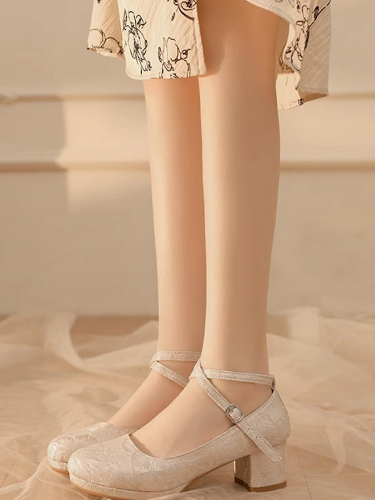 Qi Lolita Mid-Heel Crisscross Floral Beige Mart Design Pattern Janes - Satin