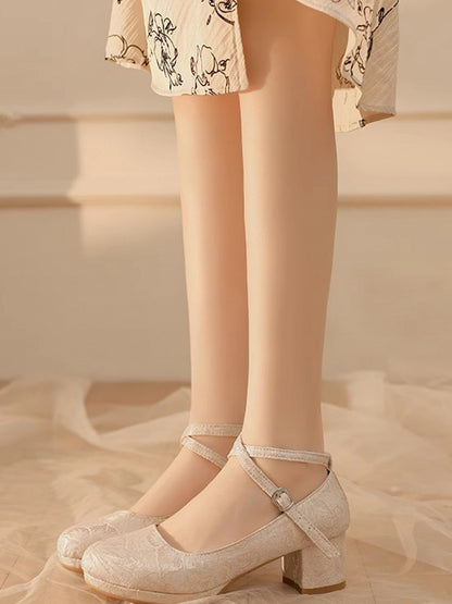 Qi Lolita Mid-Heel Crisscross Floral Beige Mart Design Pattern Janes - Satin