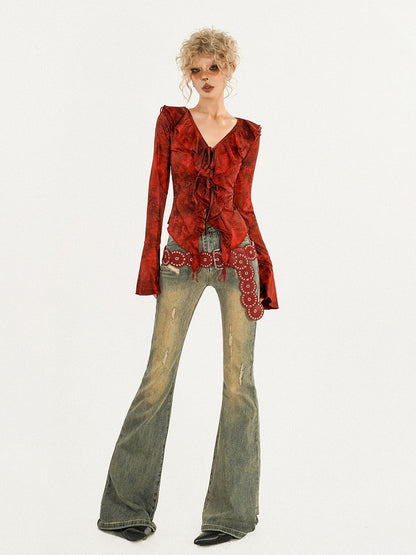 Sleeves Tie-Front Cardigan Ombre Bell Red Knit Ribbed with