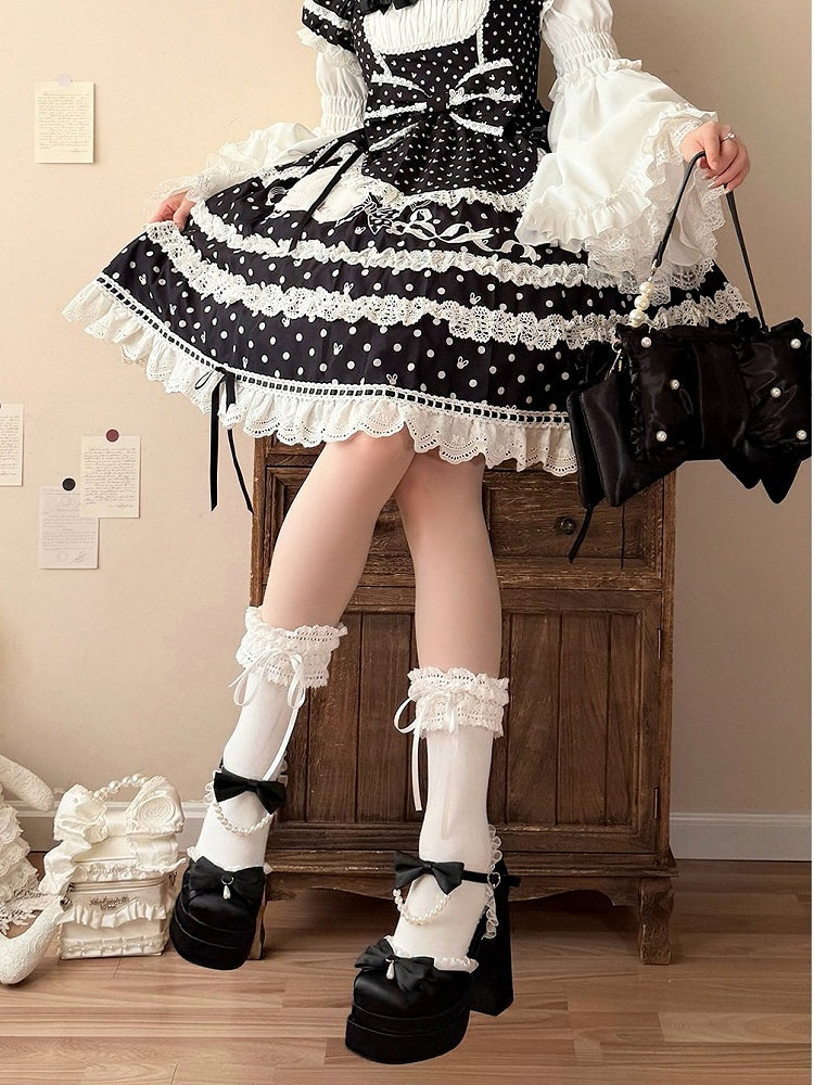 5cm Platform Black Pearl Chain & Pendant Round Toe Shoes with Lace Bow Accent 12cm Heels - Witch's Night