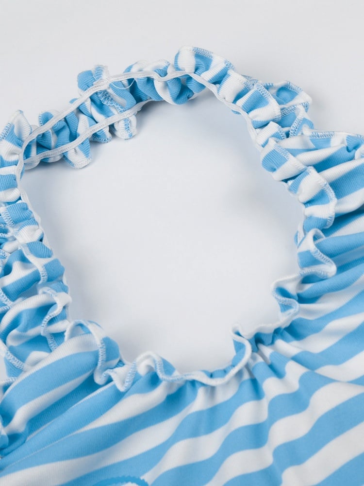 Blue Striped Tank Top with Ruffle Trim and Key Print - Languid Park
