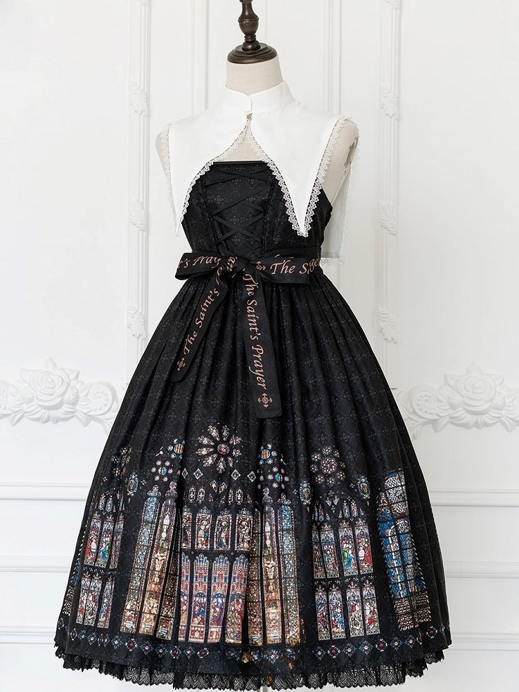 Version Church Collar Window Print Gothic Detachable Stained Black Long White with Dress Lolita