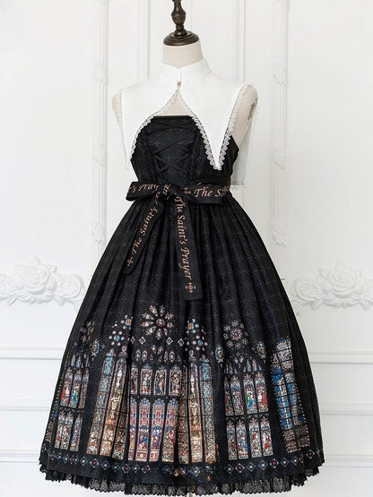 Version Church Collar Window Print Gothic Detachable Stained Black Long White with Dress Lolita