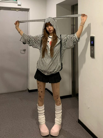 Hoodie Ear White Sleeves Bunny Black Striped Detachable with