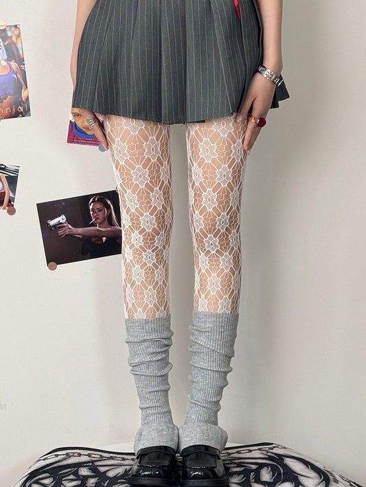 Strumpfhose Blumenmuster Weiß/Lila Sweet Lolita