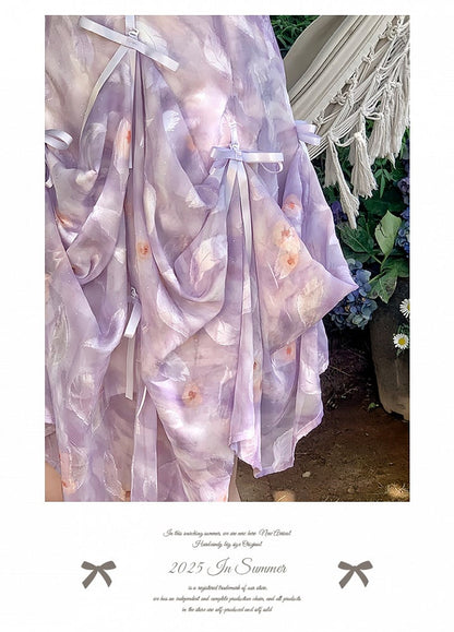 Details Chiffon-Camisole-Kleid mit Blumenmuster, drei Möglichkeiten, Übergröße, lila Schleifen