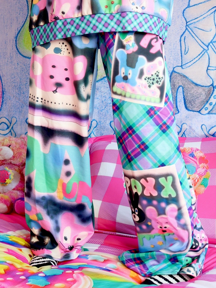 Hosen und Schlaghose Buchstaben Cartoon Muster Silhouette Y2K bunt kariert Print