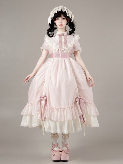 Loose Drawstring Pink Sleeves Lolita Rosette Embroidery Short Details Dress with