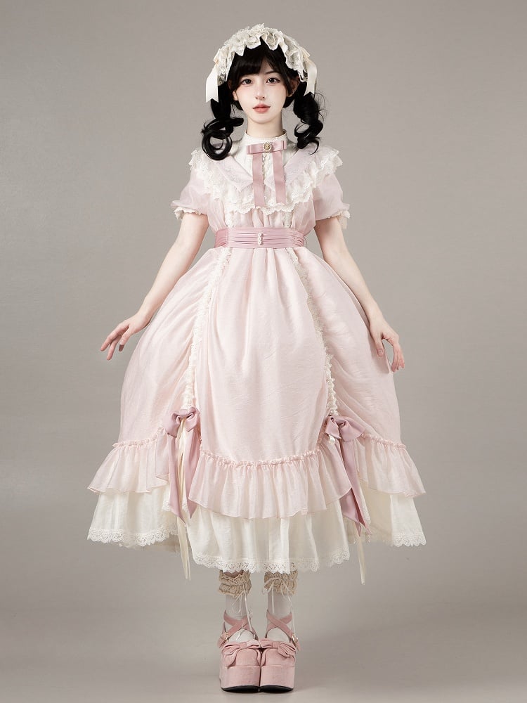 with Belt Pink Waist Versatile and Drawstring Lolita Bows Design Fashion Dress