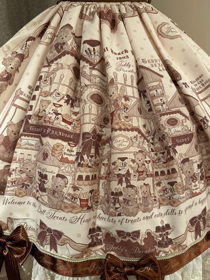 Puff Dress Lolita Print Little Brown Bear with Accents Sleeves Bow Beige Sweet Mini