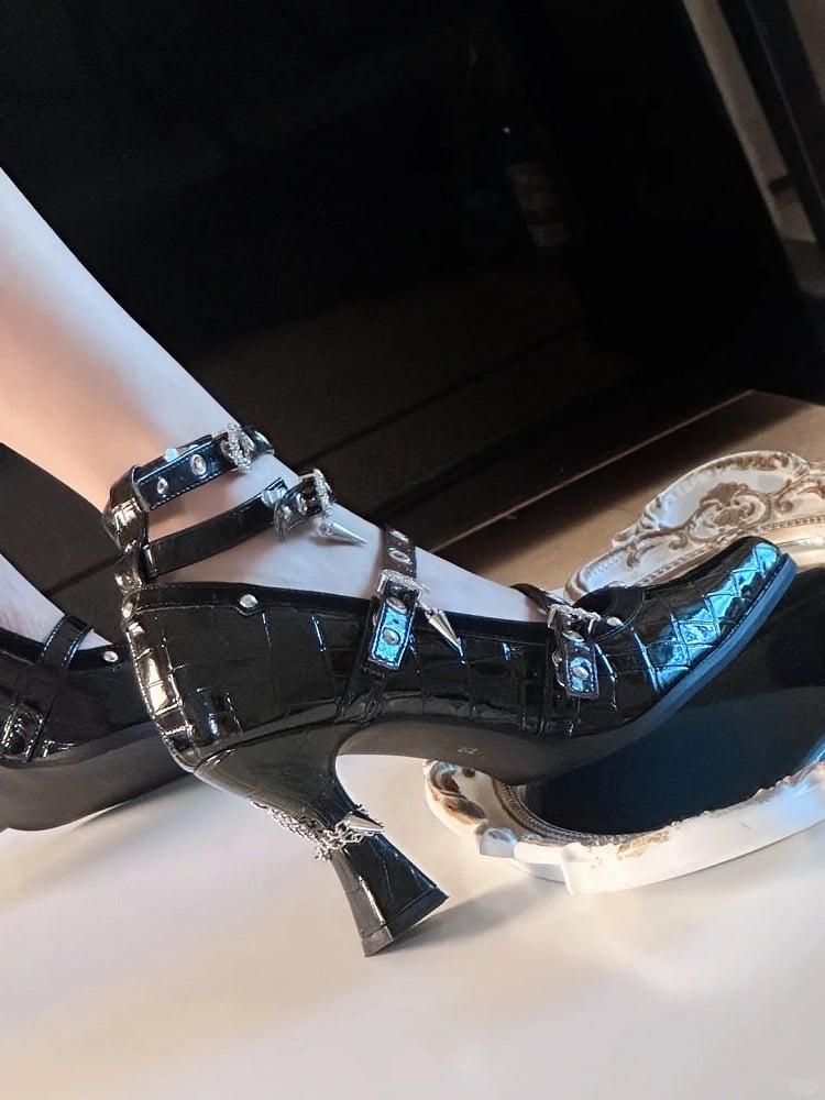 in Schnalle Leder Faux Poliert 8,5 cm Gothic Heel Hohe Krokodil Mehrere Heels Riemen mit Schwarz