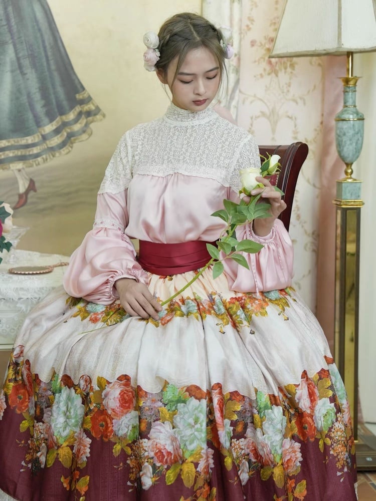 Pink Blouse Wine Red Crystal Tassel Floral Skirt Set