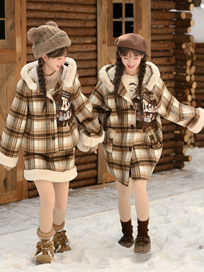Brown High Waist Plaid Skirt Plush Trim