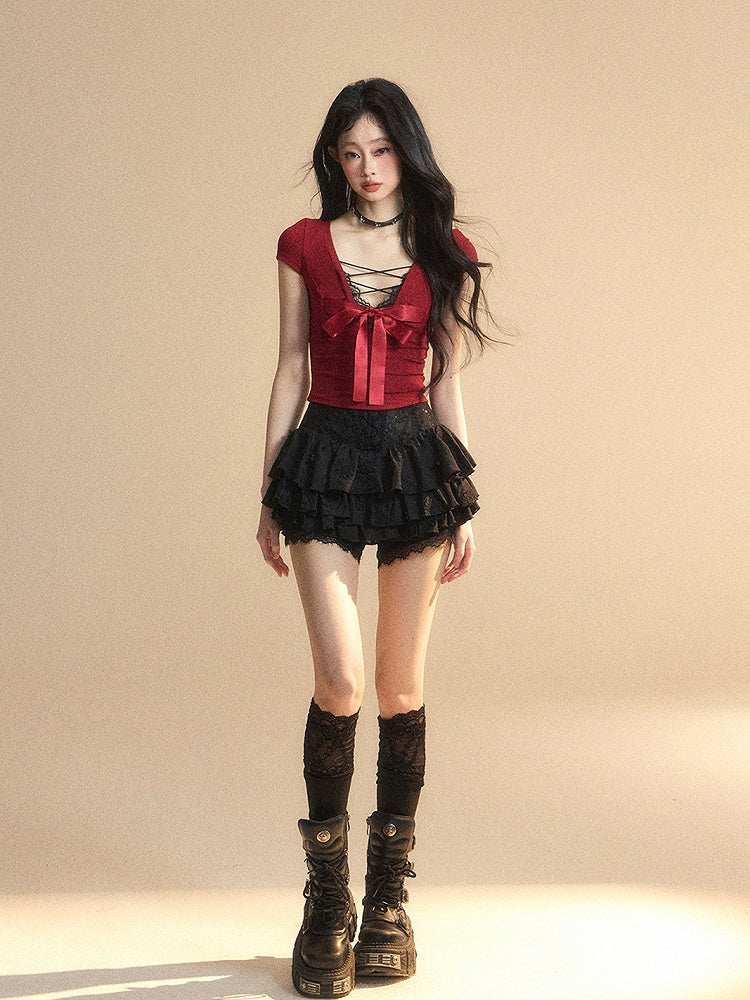 Red Lace Big Bow Slim-fitting Back T-Shirt Trim V-Neck Cutout