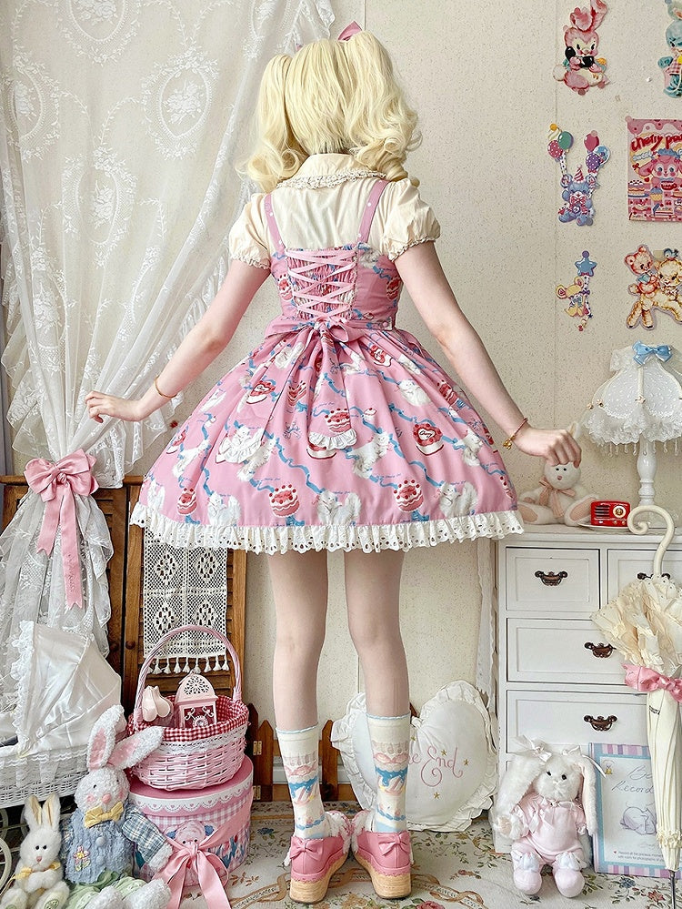 Kitty Cake Fashion Kleid Sweet and Showa Pink Lolita Print Cherry